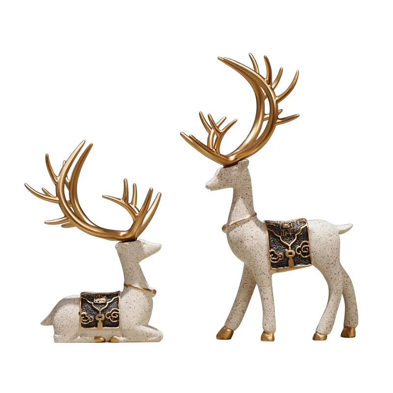 Set of 2Pcs Auspicious Golden Antlered Reindeer Figurines Resin Deer Ornaments For Living Room Coffee Table Desktop Mantelpiece Decor