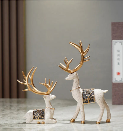Set of 2Pcs Auspicious Golden Antlered Reindeer Figurines Resin Deer Ornaments For Living Room Coffee Table Desktop Mantelpiece Decor