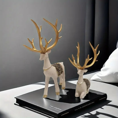 Set of 2Pcs Auspicious Golden Antlered Reindeer Figurines Resin Deer Ornaments For Living Room Coffee Table Desktop Mantelpiece Decor