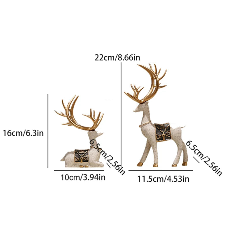 Set of 2Pcs Auspicious Golden Antlered Reindeer Figurines Resin Deer Ornaments For Living Room Coffee Table Desktop Mantelpiece Decor