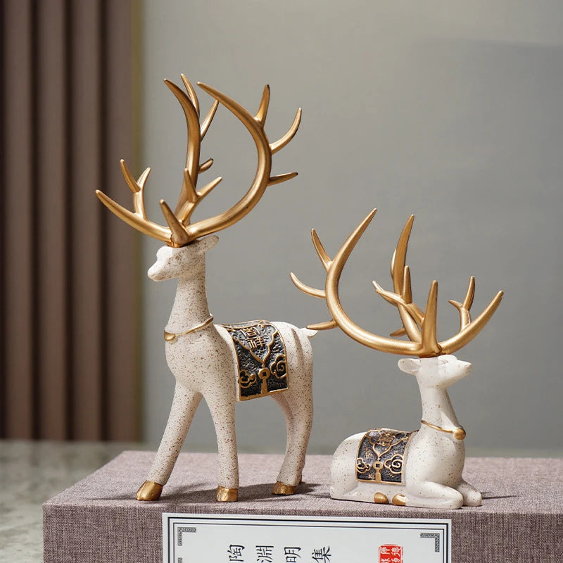 Set of 2Pcs Auspicious Golden Antlered Reindeer Figurines Resin Deer Ornaments For Living Room Coffee Table Desktop Mantelpiece Decor
