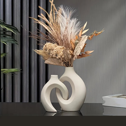 Set of 2Pcs Nordic Ceramic Sculptured Vase Set – Contemporary Designer Vases for Living Room Table Sideboard & Bookshelf Décor