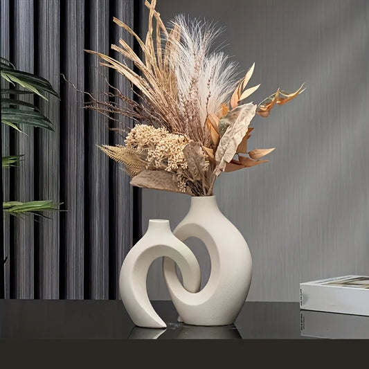 Set of 2Pcs Nordic Ceramic Sculptured Vase Set – Contemporary Designer Vases for Living Room Table Sideboard & Bookshelf Décor