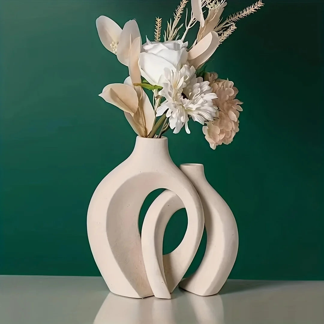 Set of 2Pcs Nordic Ceramic Sculptured Vase Set – Contemporary Designer Vases for Living Room Table Sideboard & Bookshelf Décor