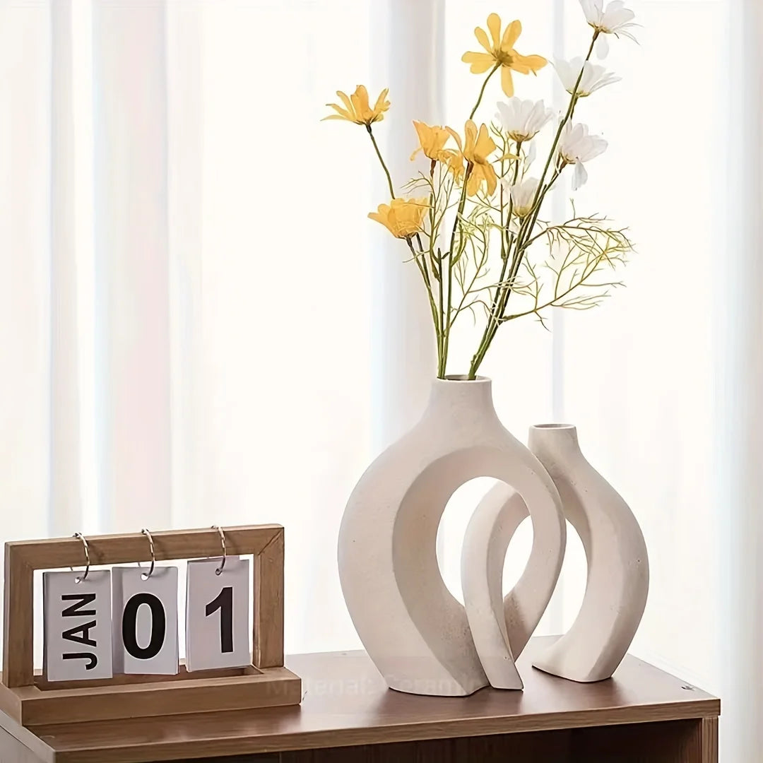 Set of 2Pcs Nordic Ceramic Sculptured Vase Set – Contemporary Designer Vases for Living Room Table Sideboard & Bookshelf Décor