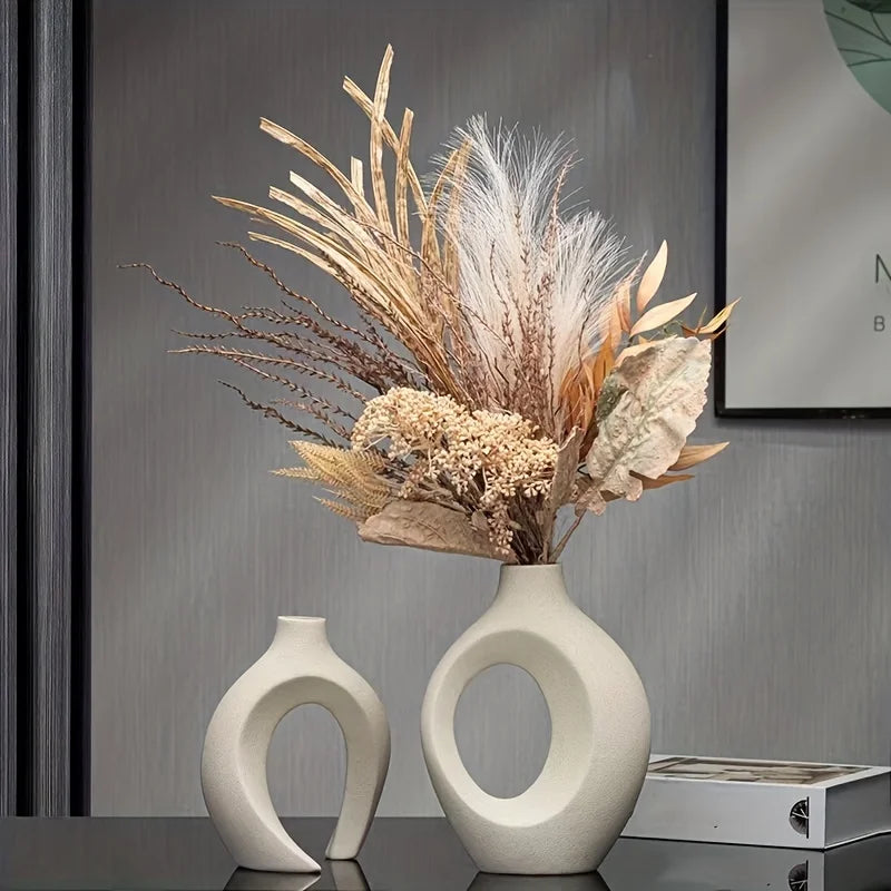 Set of 2Pcs Nordic Ceramic Sculptured Vase Set – Contemporary Designer Vases for Living Room Table Sideboard & Bookshelf Décor