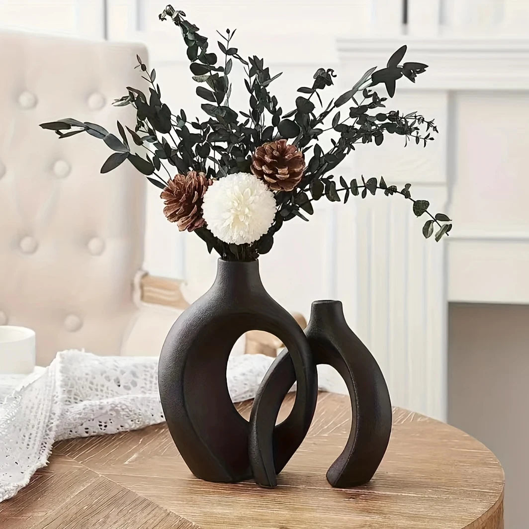 Set of 2Pcs Nordic Ceramic Sculptured Vase Set – Contemporary Designer Vases for Living Room Table Sideboard & Bookshelf Décor