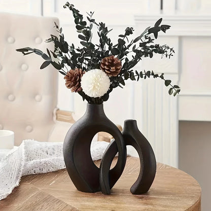 Set of 2Pcs Nordic Ceramic Sculptured Vase Set – Contemporary Designer Vases for Living Room Table Sideboard & Bookshelf Décor