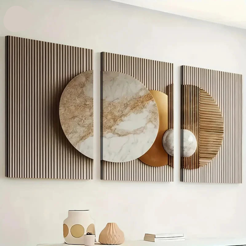 Elevate your contemporary interior with this 3‑piece luxury geometric marble‑and‑gold wall art set, featuring modern vertical framed canvas prints with textured abstract circle panels. Designed for neutral living rooms, stylish hallways, and minimalist home décor, this elegant artwork trio blends marble detailing, metallic gold accents, and refined geometric shapes to create a sophisticated focal point for upscale modern home styling.