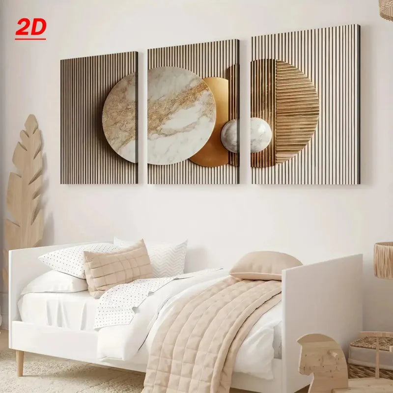 Set of 3Pcs Luxury Geometric Marble Gold Wall Art Modern Vertical Framed Canvas Prints for Contemporary Neutral Living Room Décor Abstract Circle Design Panels Elegant Minimalist Home Styling Artwork