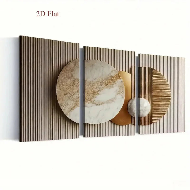 Set of 3Pcs Luxury Geometric Marble Gold Wall Art Modern Vertical Framed Canvas Prints for Contemporary Neutral Living Room Décor Abstract Circle Design Panels Elegant Minimalist Home Styling Artwork