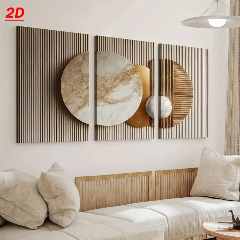 Set of 3Pcs Luxury Geometric Marble Gold Wall Art Modern Vertical Framed Canvas Prints for Contemporary Neutral Living Room Décor Abstract Circle Design Panels Elegant Minimalist Home Styling Artwork