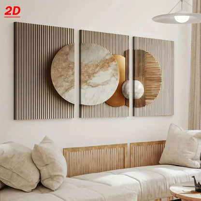 Set of 3Pcs Luxury Geometric Marble Gold Wall Art Modern Vertical Framed Canvas Prints for Contemporary Neutral Living Room Décor Abstract Circle Design Panels Elegant Minimalist Home Styling Artwork