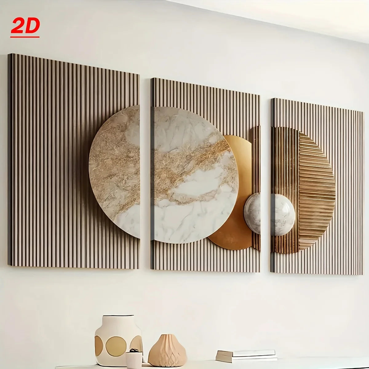 Modern wall art with geometric shapes on a white wall