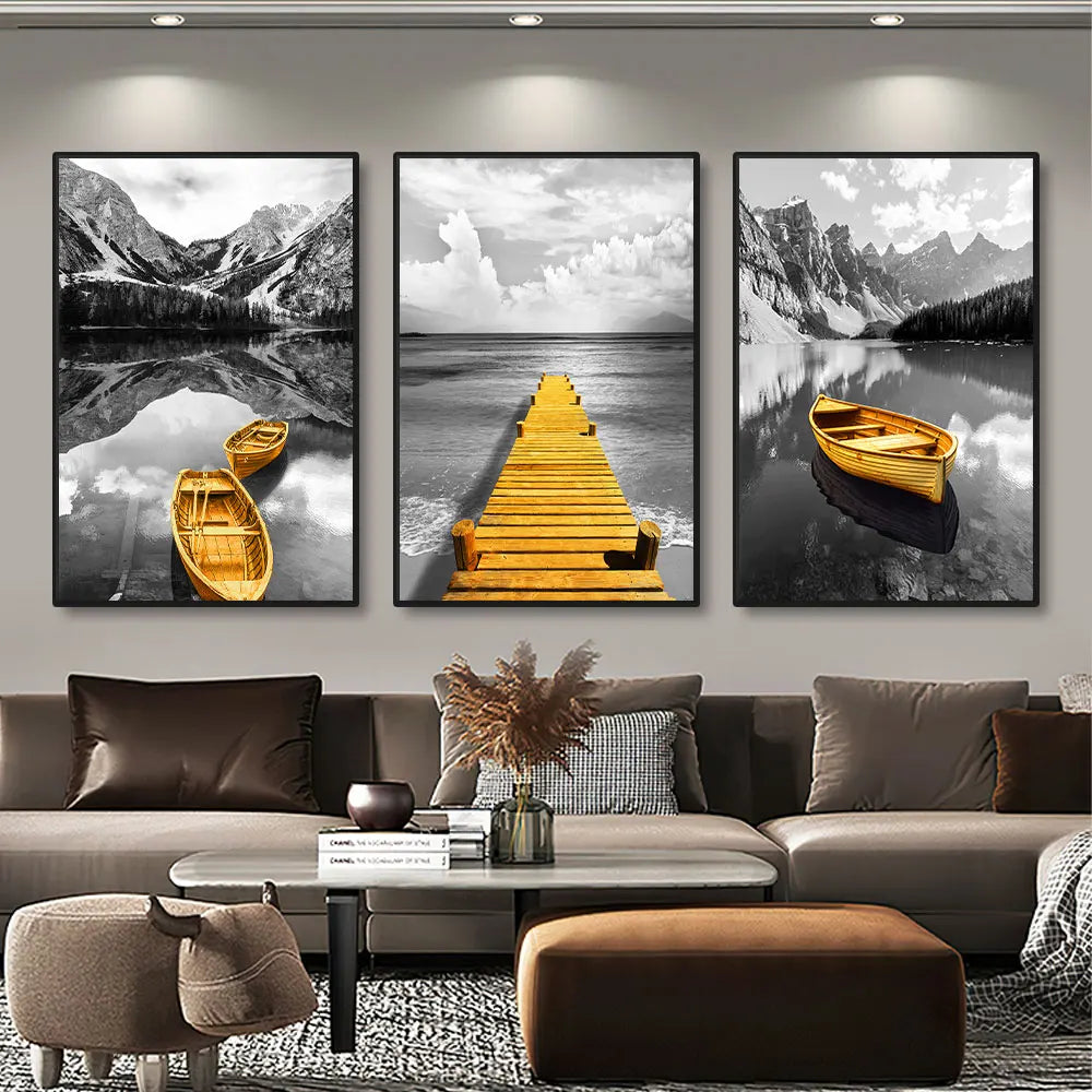 Set of 3Pcs Modern Black White Yellow Boat Lake Pier Wall Art Fine Art Canvas Prints Tranquil Landscape Art For Living Room Home Office Decor