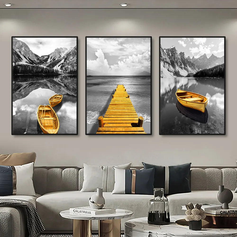 Set of 3Pcs Modern Black White Yellow Boat Lake Pier Wall Art Fine Art Canvas Prints Tranquil Landscape Art For Living Room Home Office Decor