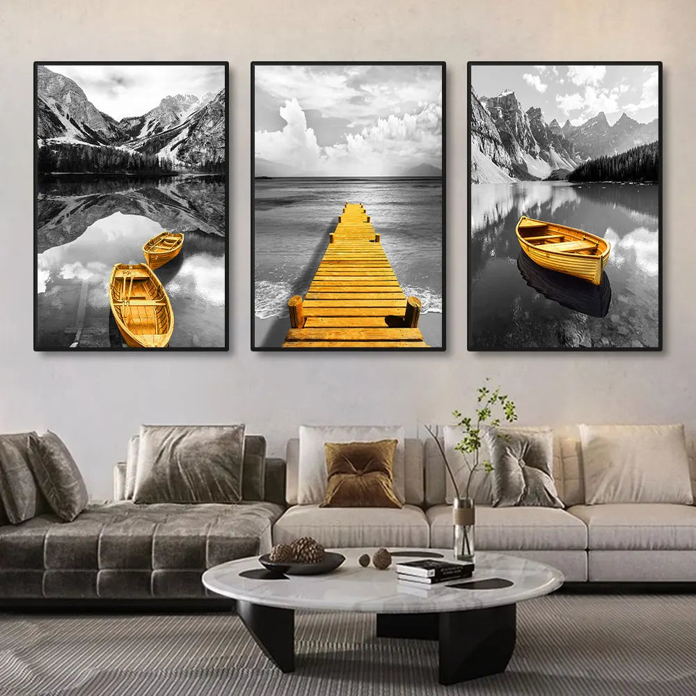 Set of 3Pcs Modern Black White Yellow Boat Lake Pier Wall Art Fine Art Canvas Prints Tranquil Landscape Art For Living Room Home Office Decor