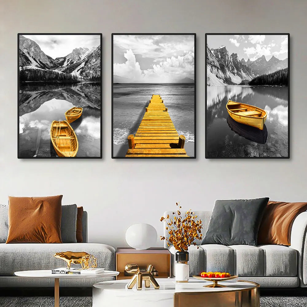 Set of 3Pcs Modern Black White Yellow Boat Lake Pier Wall Art Fine Art Canvas Prints Tranquil Landscape Art For Living Room Home Office Decor