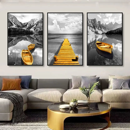 Set of 3Pcs Modern Black White Yellow Boat Lake Pier Wall Art Fine Art Canvas Prints Tranquil Landscape Art For Living Room Home Office Decor