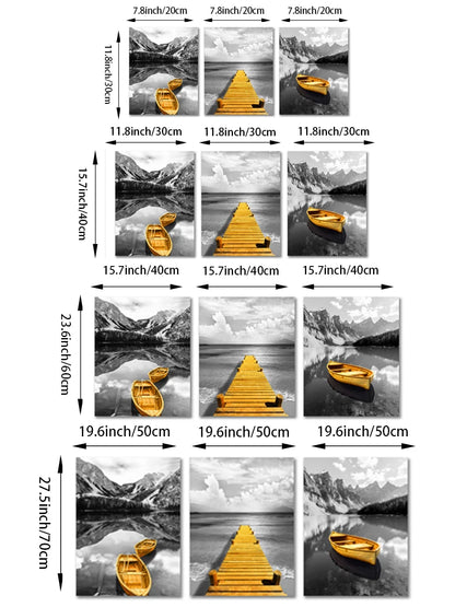 Set of 3Pcs Modern Black White Yellow Boat Lake Pier Wall Art Fine Art Canvas Prints Tranquil Landscape Art For Living Room Home Office Decor