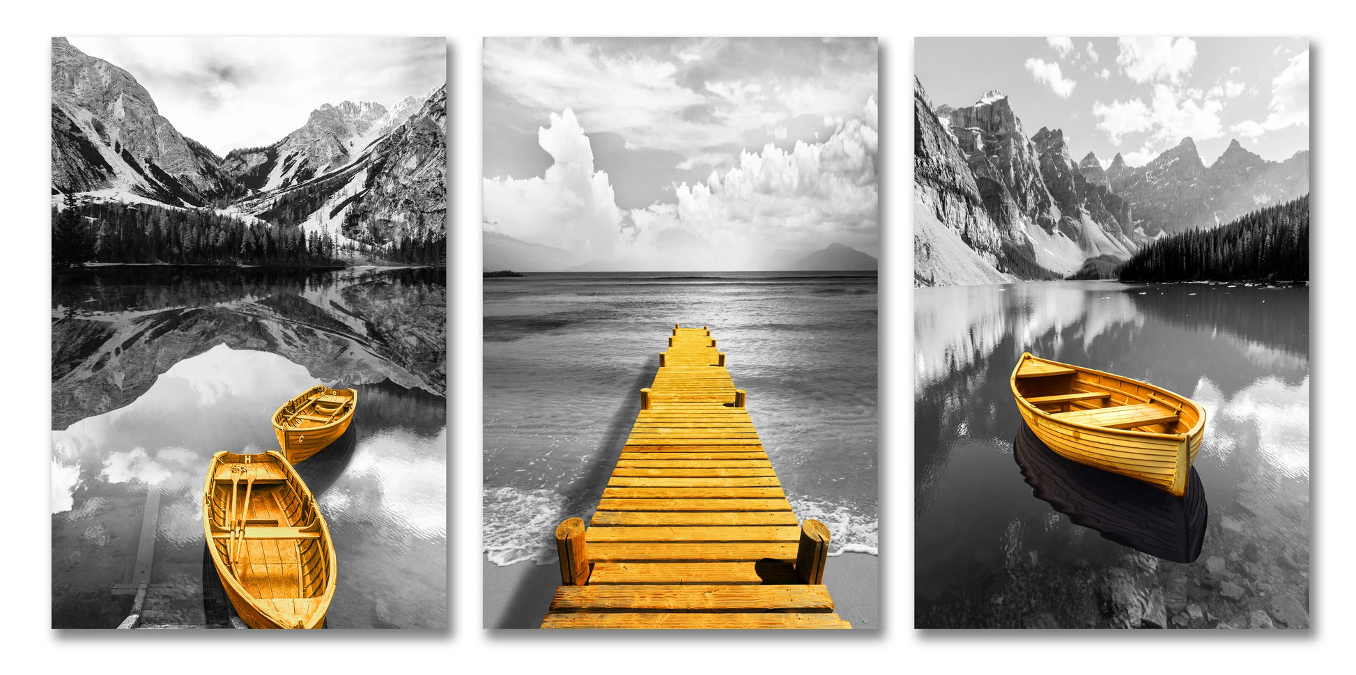 Set of 3Pcs Modern Black White Yellow Boat Lake Pier Wall Art Fine Art Canvas Prints Tranquil Landscape Art For Living Room Home Office Decor