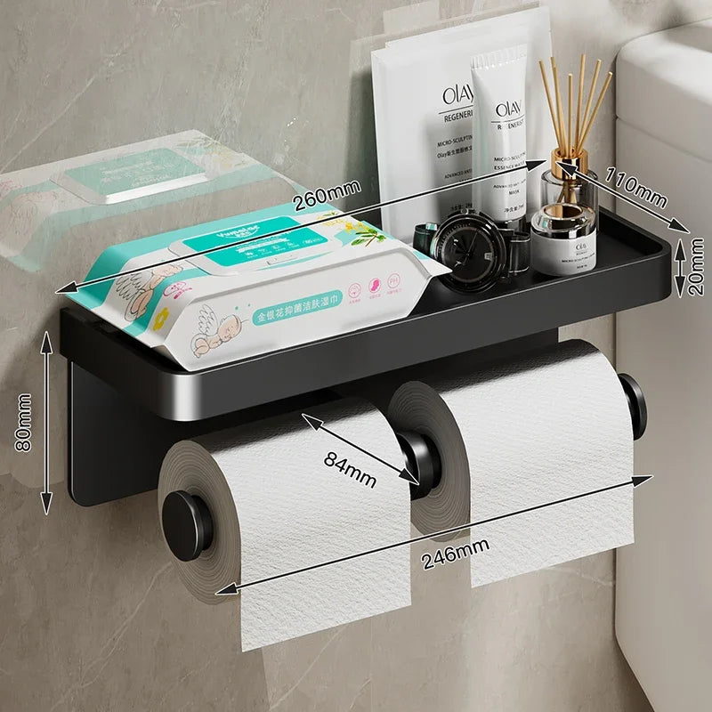 Multifunctional Black Gold Toilet Paper Holder – Wall Mount Shelf with Phone Stand & Towel Roll Storage