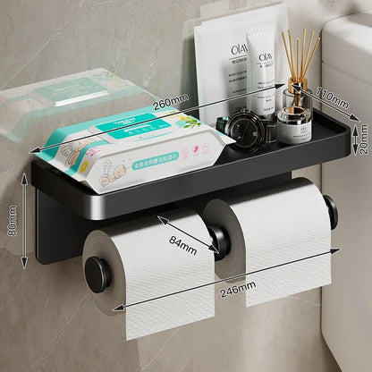 Multifunctional Black Gold Toilet Paper Holder – Wall Mount Shelf with Phone Stand & Towel Roll Storage