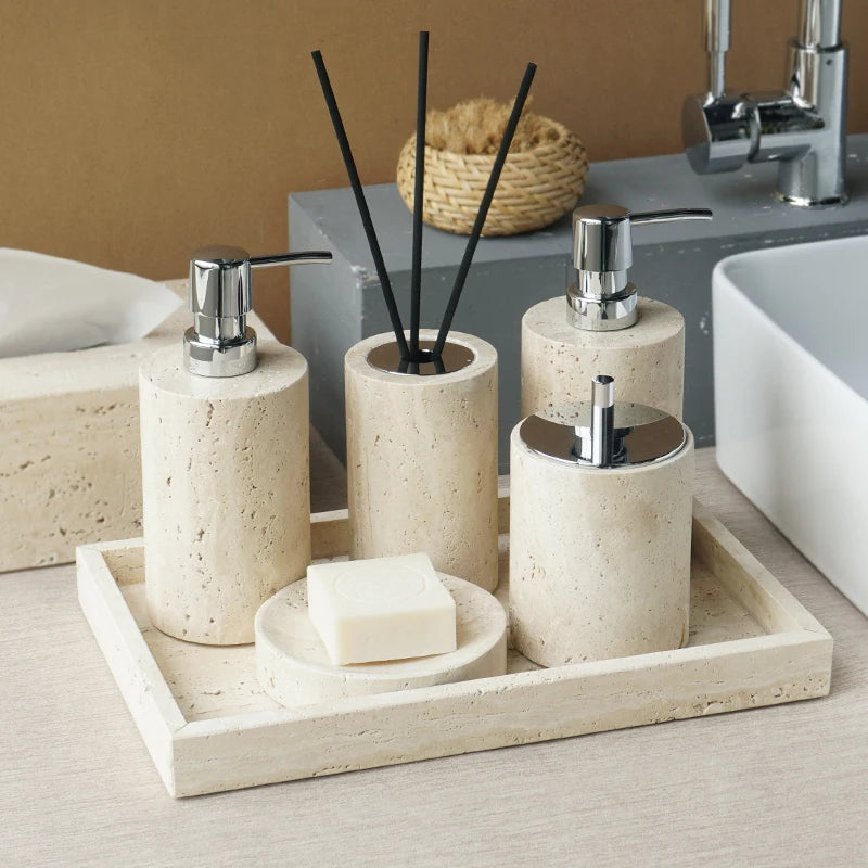 Solid Travertine Marble Bathroom Accessories – Natural Beige Stone Soap Dispenser, Tissue Box, Toilet Brush Holder, Soap Dish, Reed Diffuser & Vanity Tray