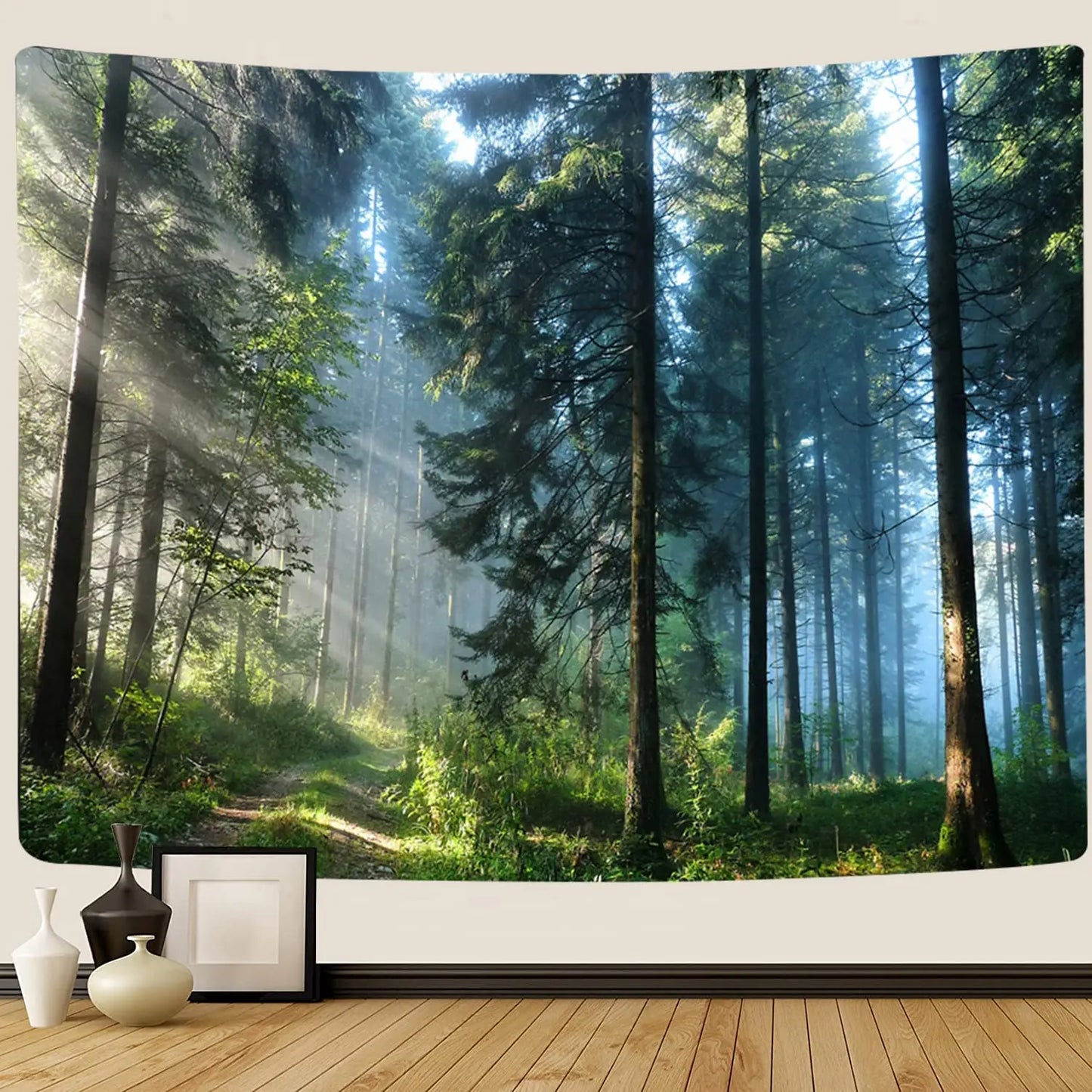 Misty Morning Forest Tapestry Landscape Wall Decoration Inspirational Home Decor for Living Room Bedroom Dorm Nature Green Fresh Woodland