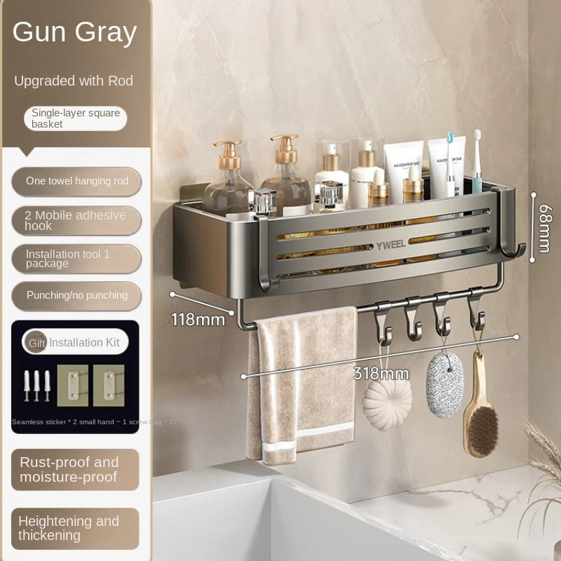 Modern Aluminum Bathroom Shelves Wall Towel Rack Mounted Shower Fixtures Fittings No Drilling Design For Washroom Toiletries Cosmetics And Bathroom Accessories