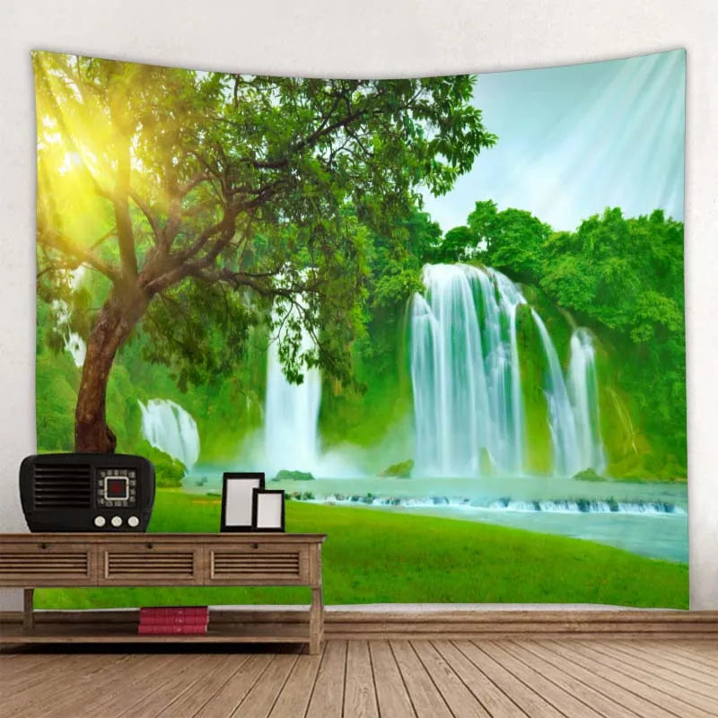 Exotic Natural Landscape Tapestry: Inspiring Waterfall Landscape and Forest Print - Bohemian Mandala Wall Decor with Calming Seascape Imagery