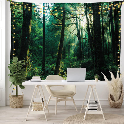 Misty Morning Forest Tapestry Landscape Wall Decoration Inspirational Home Decor for Living Room Bedroom Dorm Nature Green Fresh Woodland