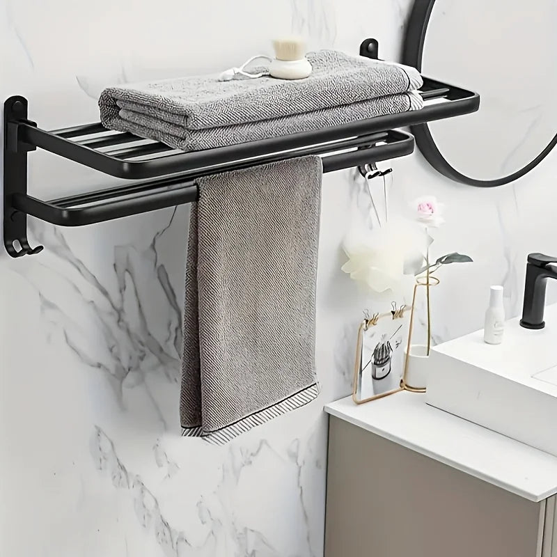 Sleek Aluminum Bathroom Shelf & Towel Rack – Wall‑Mounted Storage with Foldable Hanger for Modern, Space‑Saving Style
