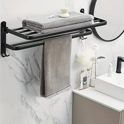 Sleek Aluminum Bathroom Shelf & Towel Rack – Wall‑Mounted Storage with Foldable Hanger for Modern, Space‑Saving Style
