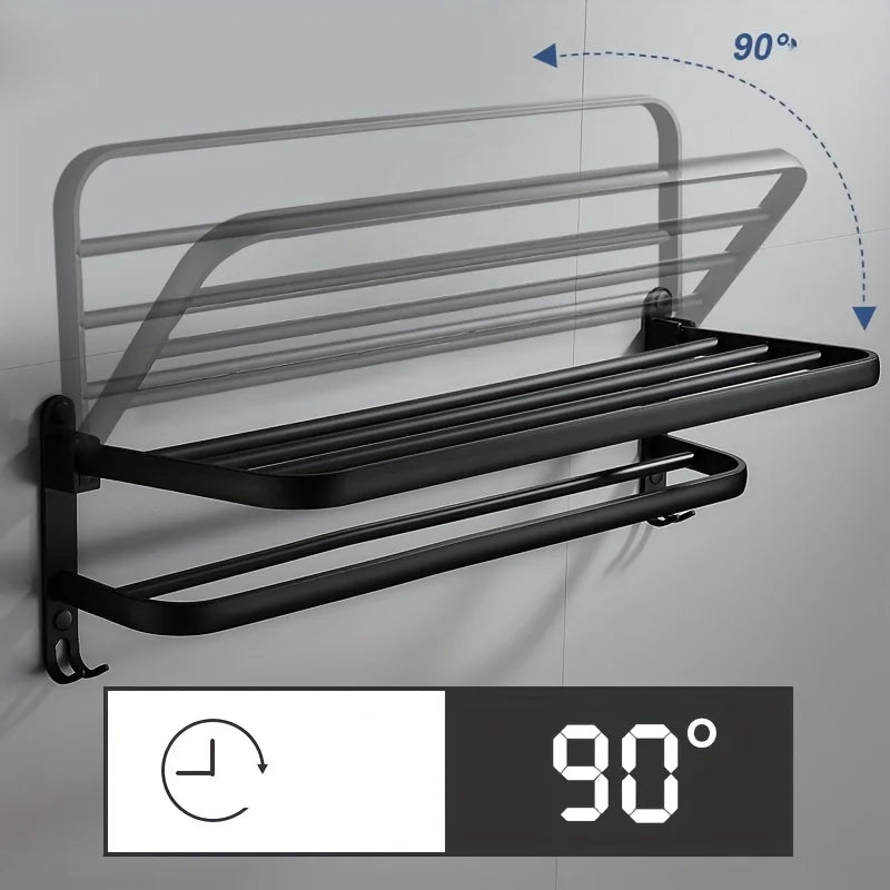 Sleek Aluminum Bathroom Shelf & Towel Rack – Wall‑Mounted Storage with Foldable Hanger for Modern, Space‑Saving Style