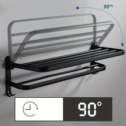 Sleek Aluminum Bathroom Shelf & Towel Rack – Wall‑Mounted Storage with Foldable Hanger for Modern, Space‑Saving Style