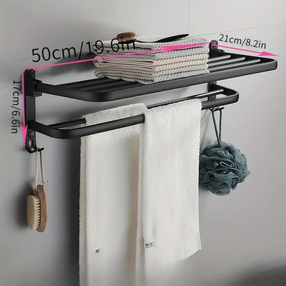 Sleek Aluminum Bathroom Shelf & Towel Rack – Wall‑Mounted Storage with Foldable Hanger for Modern, Space‑Saving Style