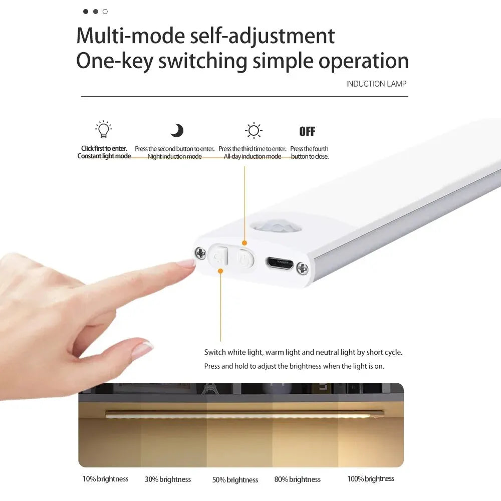Smart Motion Sensor Cabinet Light – USB Type‑C Rechargeable LED Strip for Kitchen & Wardrobe (20–60cm)