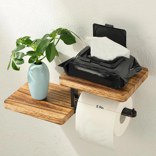 Solid Wood Toilet Paper Holder With Shelves – Wall Mounted Organizer for Kitchen & Bathroom