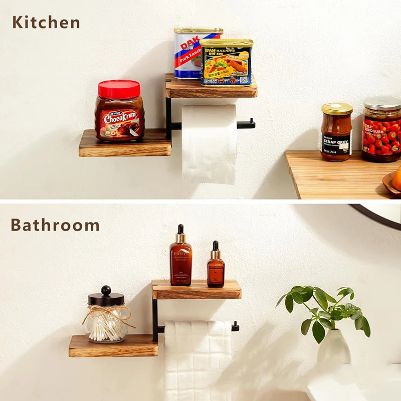 Solid Wood Toilet Paper Holder With Shelves – Wall Mounted Organizer for Kitchen & Bathroom