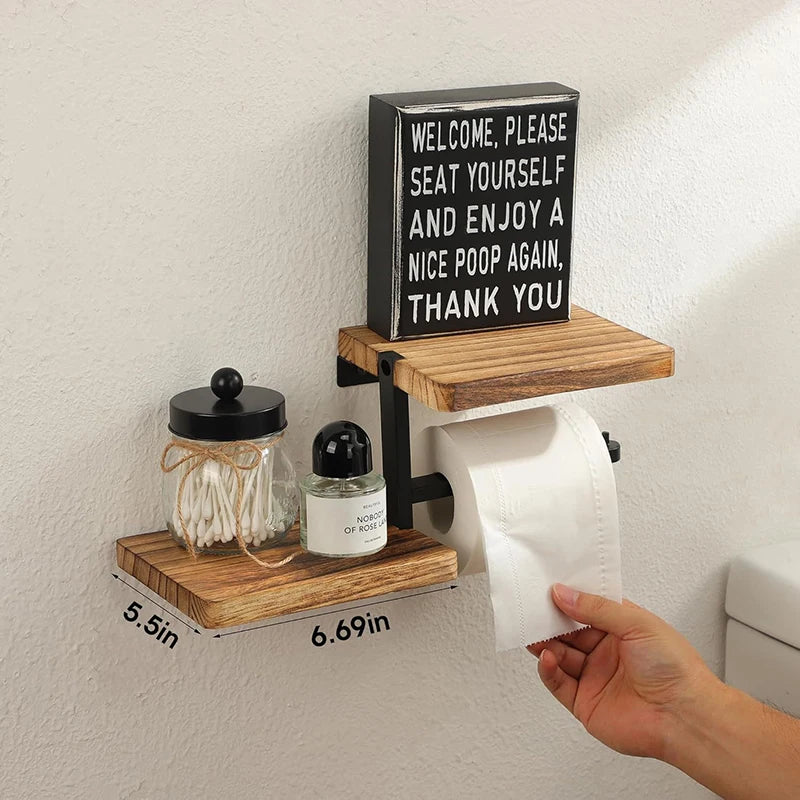 Solid Wood Toilet Paper Holder With Shelves – Wall Mounted Organizer for Kitchen & Bathroom