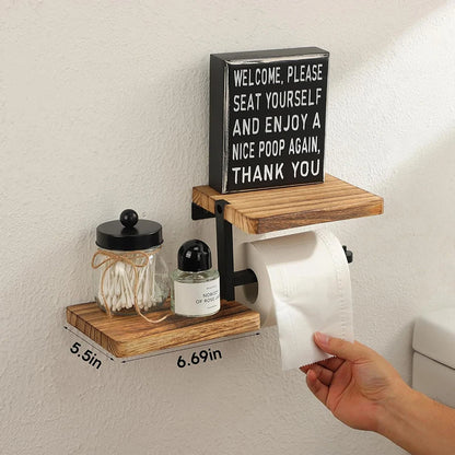 Solid Wood Toilet Paper Holder With Shelves – Wall Mounted Organizer for Kitchen & Bathroom