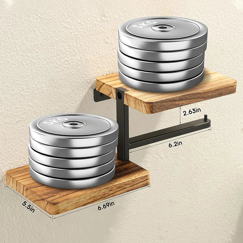 Wooden weight plate holder with metal weights and measurements on a beige background