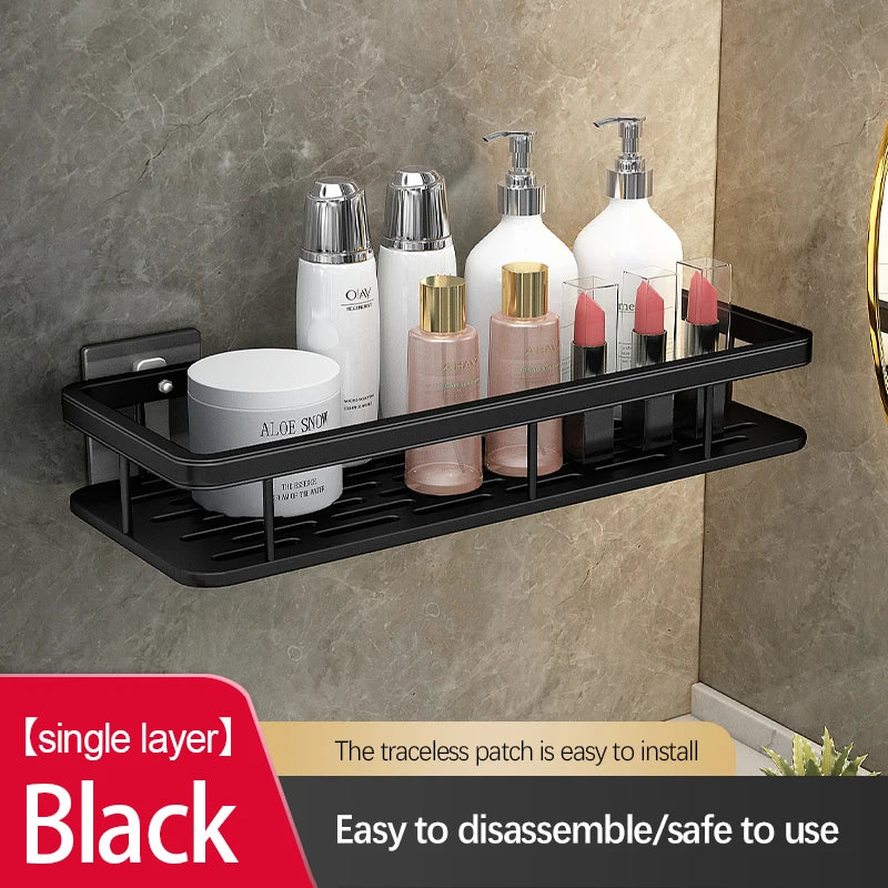 Stainless Steel Bathroom Storage Rack – Wall-Mounted, Anti-Rust Shower Organizer with No-Drill Adhesive Installation