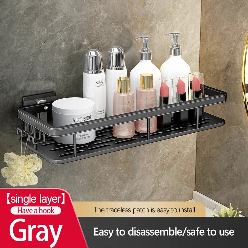 Stainless Steel Bathroom Storage Rack – Wall-Mounted, Anti-Rust Shower Organizer with No-Drill Adhesive Installation