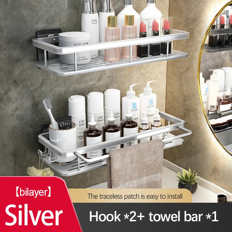 Stainless Steel Bathroom Storage Rack – Wall-Mounted, Anti-Rust Shower Organizer with No-Drill Adhesive Installation