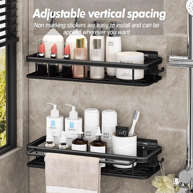 Stainless Steel Bathroom Storage Rack – Wall-Mounted, Anti-Rust Shower Organizer with No-Drill Adhesive Installation