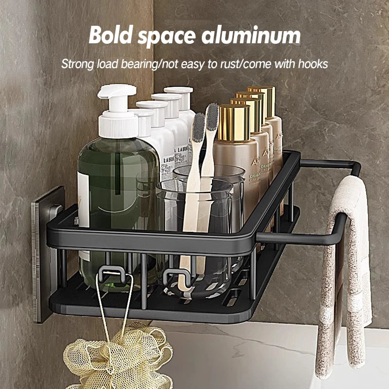 Stainless Steel Bathroom Storage Rack – Wall-Mounted, Anti-Rust Shower Organizer with No-Drill Adhesive Installation