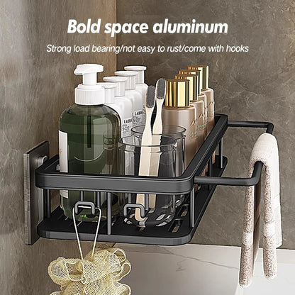 Stainless Steel Bathroom Storage Rack – Wall-Mounted, Anti-Rust Shower Organizer with No-Drill Adhesive Installation