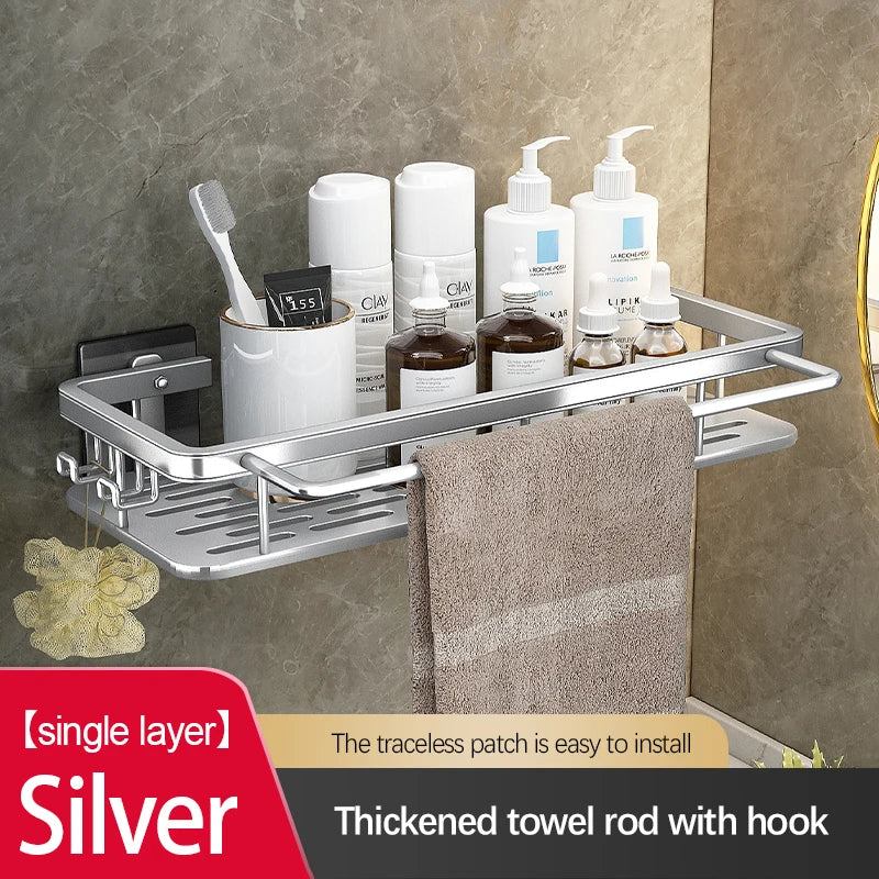 Stainless Steel Bathroom Storage Rack – Wall-Mounted, Anti-Rust Shower Organizer with No-Drill Adhesive Installation